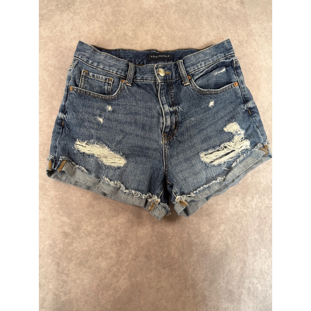 Aeropostale Mom Shorts Women's Size 8 Blue Distressed Cuffed Denim High Rise
